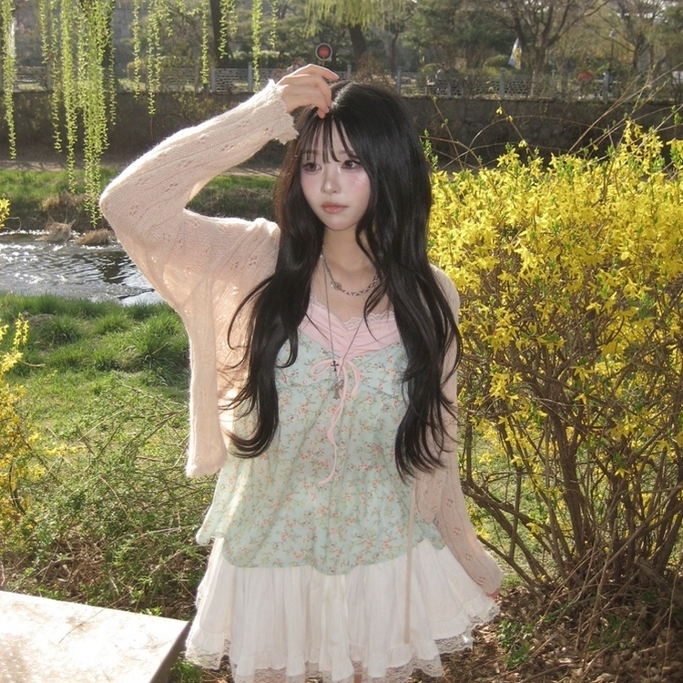 모델 PICK 빈티지 잔꽃 배색 레이어드 리본 나시 블라우스 여름 민트