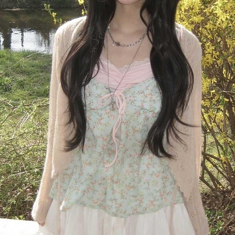 모델 PICK 빈티지 잔꽃 배색 레이어드 리본 나시 블라우스 여름 민트