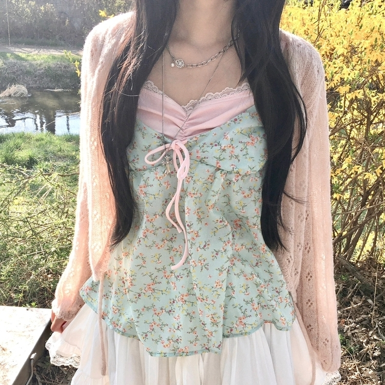 모델 PICK 빈티지 잔꽃 배색 레이어드 리본 나시 블라우스 여름 민트