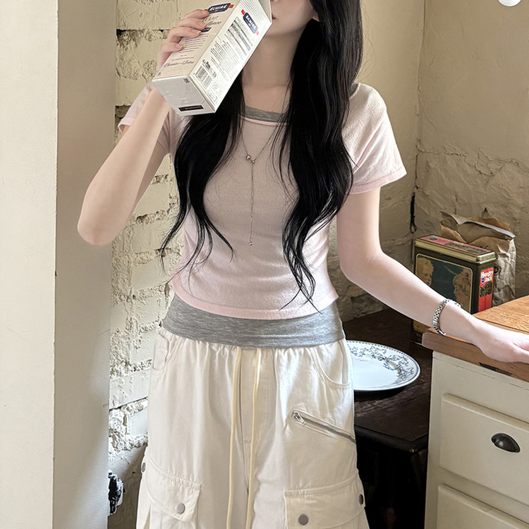 ウエストシャーリングレイヤード半袖Tシャツ(6color) MERANGE GRAY