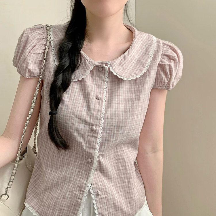 모네 잔체크 캡소매 퍼프 플라워 잔꽃 여름 상의 반팔 블라우스 여름옷 리본 모리걸 핑크