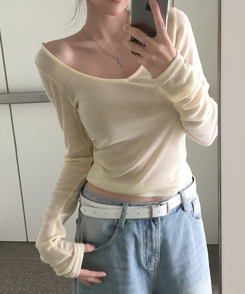 모렌 양브이넥 텐셀 시스루 티셔츠 긴팔 레이어드 데일리 캐주얼 이너티 컬러맛집 13color 옐로우