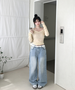 모렌 양브이넥 텐셀 시스루 티셔츠 긴팔 레이어드 데일리 캐주얼 이너티 컬러맛집 13color 옐로우