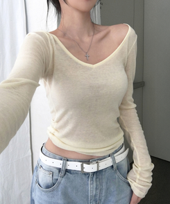 모렌 양브이넥 텐셀 시스루 티셔츠 긴팔 레이어드 데일리 캐주얼 이너티 컬러맛집 13color 옐로우
