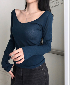 모렌 양브이넥 텐셀 시스루 티셔츠 긴팔 레이어드 데일리 캐주얼 이너티 컬러맛집 13color 블루