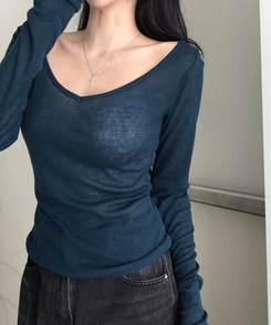 모렌 양브이넥 텐셀 시스루 티셔츠 긴팔 레이어드 데일리 캐주얼 이너티 컬러맛집 13color 블루