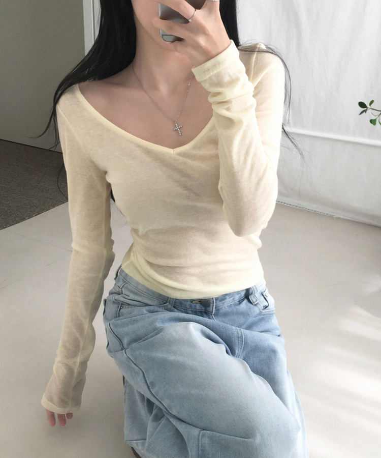모렌 양브이넥 텐셀 시스루 티셔츠 긴팔 레이어드 데일리 캐주얼 이너티 컬러맛집 13color 옐로우