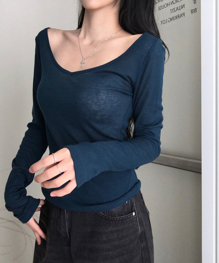 모렌 양브이넥 텐셀 시스루 티셔츠 긴팔 레이어드 데일리 캐주얼 이너티 컬러맛집 13color 블루