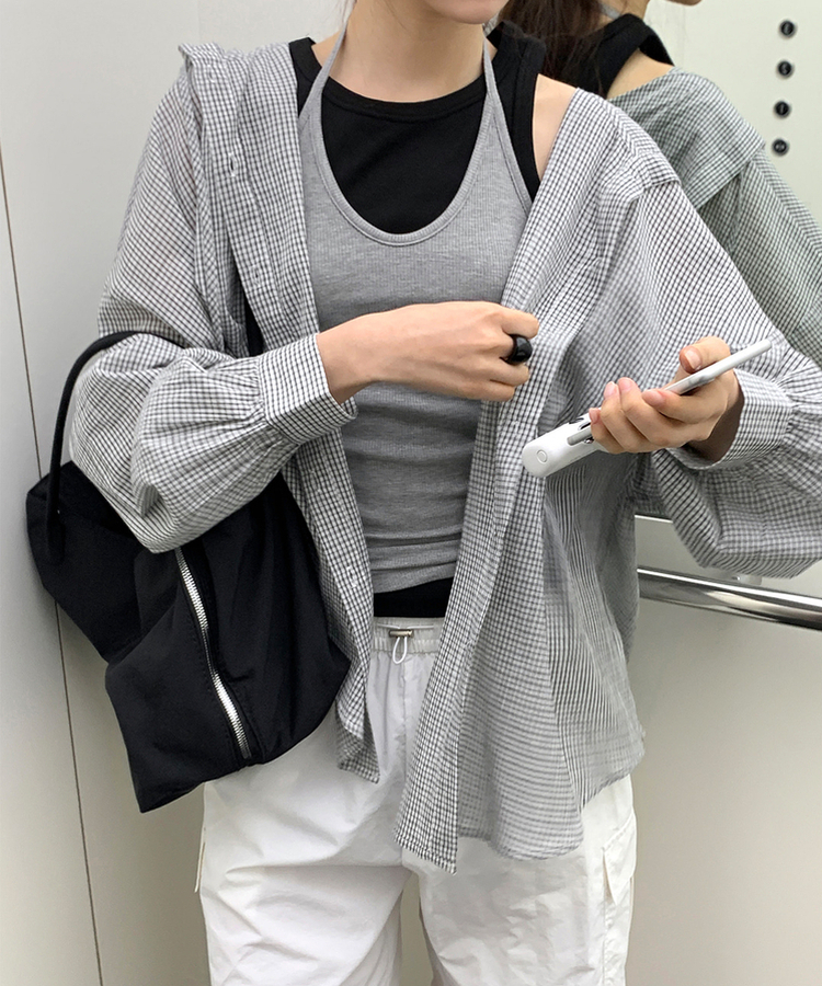 オーバーフィットチェックフードシャツ IVORY