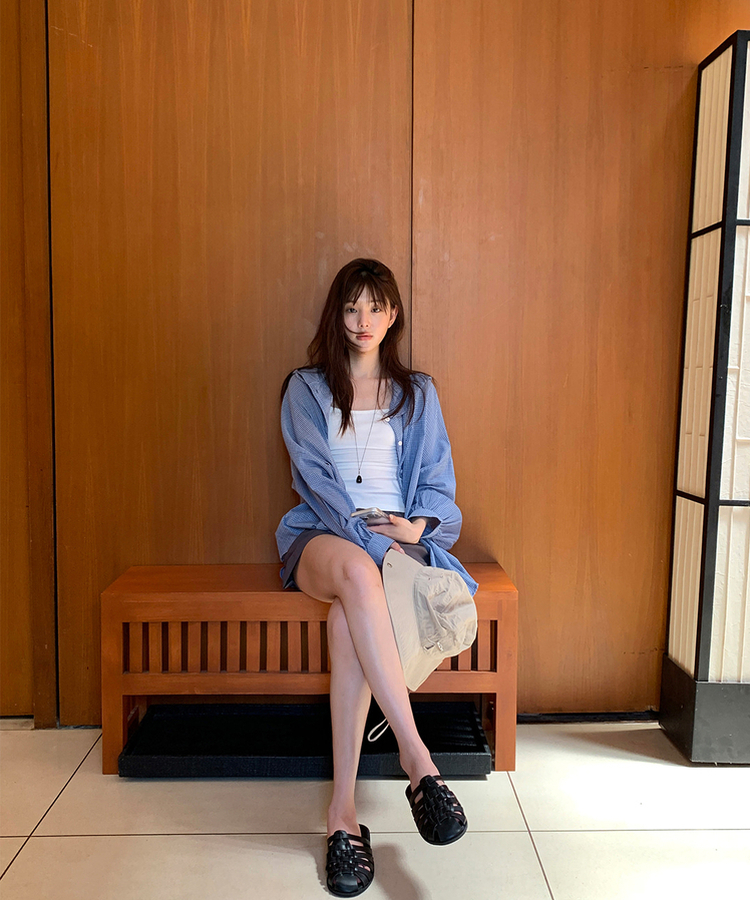 オーバーフィットチェックフードシャツ BLUE