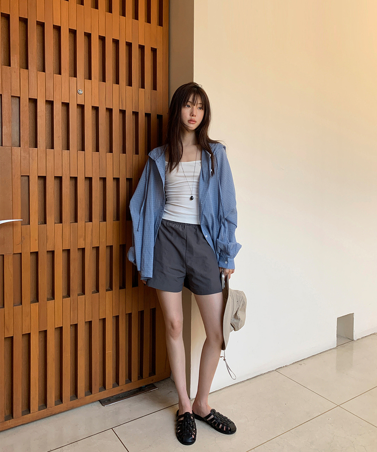 オーバーフィットチェックフードシャツ BLUE