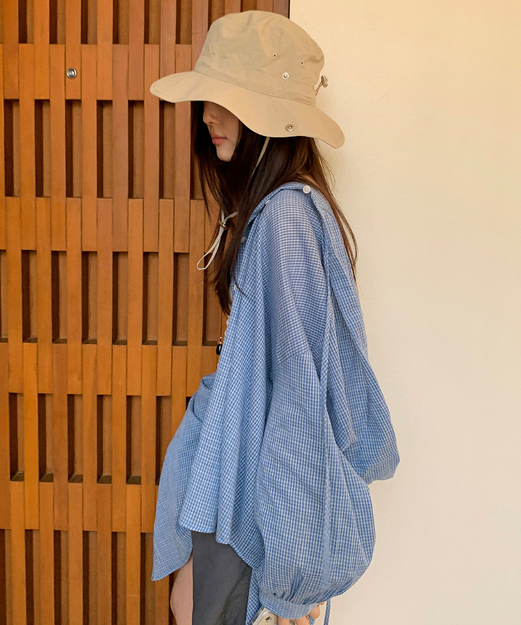 オーバーフィットチェックフードシャツ BLUE