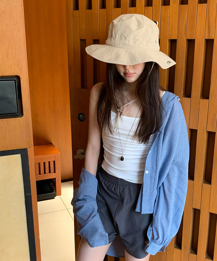 オーバーフィットチェックフードシャツ BLUE