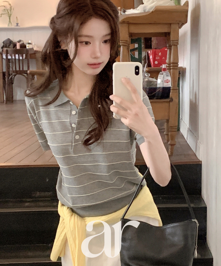 （ストライプ／涼しいリネン／デイリーおすすめ♥）ストライプ リネン ピケ 半袖ニット GRAY