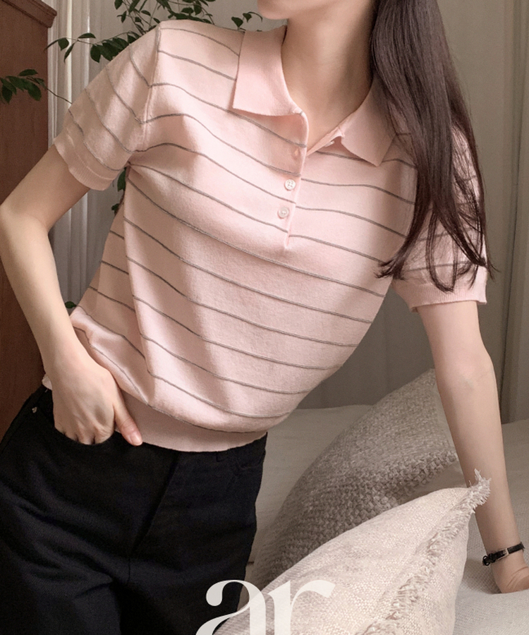 （ストライプ／涼しいリネン／デイリーおすすめ♥）ストライプ リネン ピケ 半袖ニット PINK
