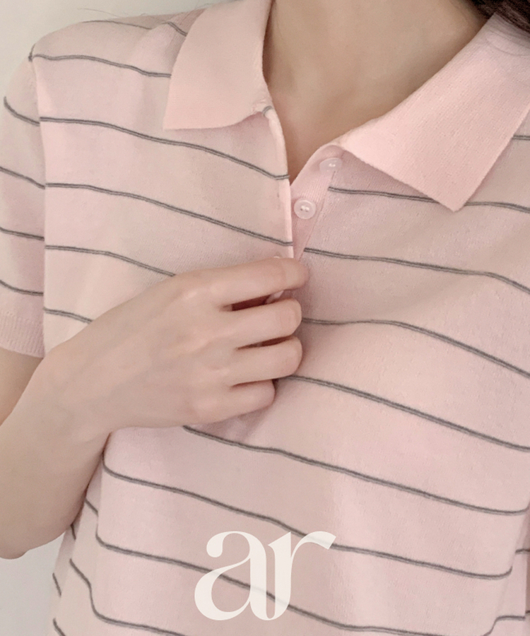 （ストライプ／涼しいリネン／デイリーおすすめ♥）ストライプ リネン ピケ 半袖ニット PINK