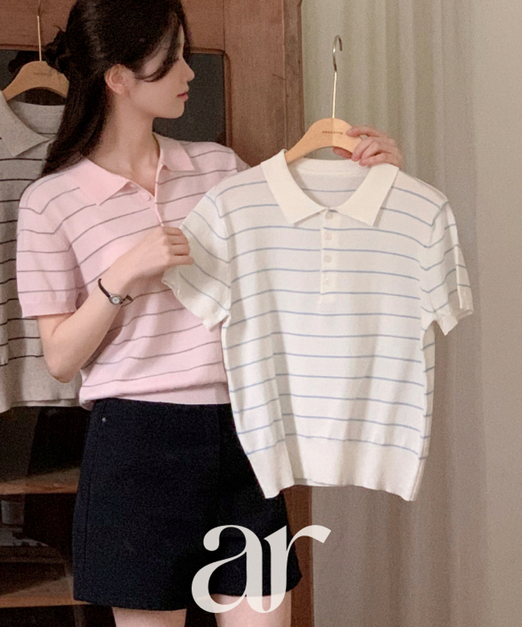 （ストライプ／涼しいリネン／デイリーおすすめ♥）ストライプ リネン ピケ 半袖ニット PINK
