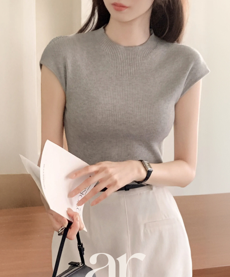 （夏の通勤ニット／フェミニン♥）スリムフィット キャップスリーブ 半袖 ウールニット GRAY