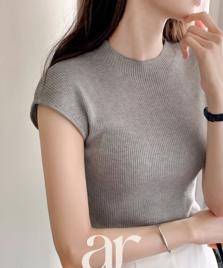（夏の通勤ニット／フェミニン♥）スリムフィット キャップスリーブ 半袖 ウールニット GRAY