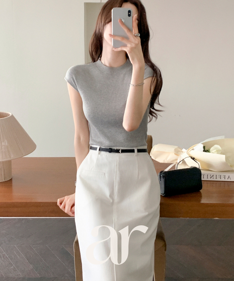 （夏の通勤ニット／フェミニン♥）スリムフィット キャップスリーブ 半袖 ウールニット GRAY