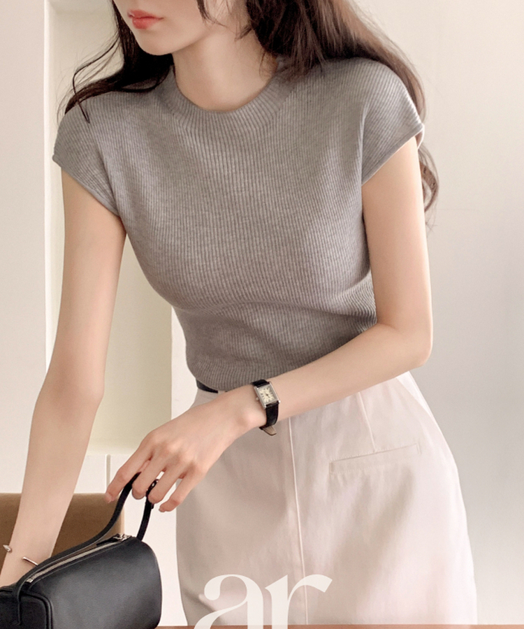 （夏の通勤ニット／フェミニン♥）スリムフィット キャップスリーブ 半袖 ウールニット GRAY