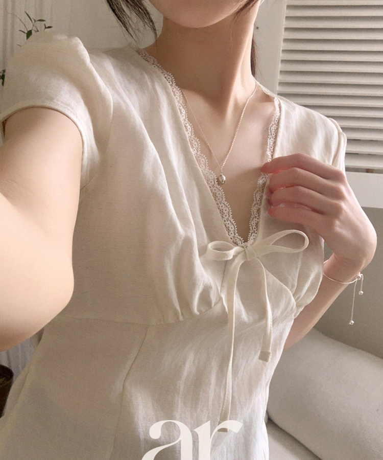 （華奢見えフィット／清楚ムード♥）レース リボン 半袖ブラウス IVORY