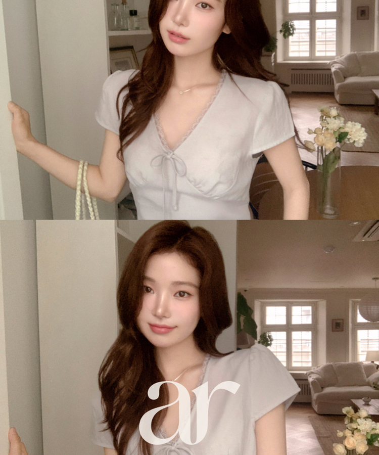 （華奢見えフィット／清楚ムード♥）レース リボン 半袖ブラウス SKYBLUE