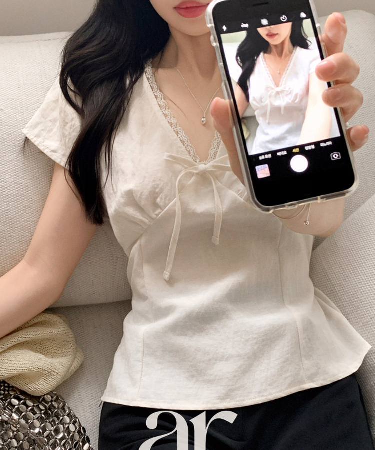 （華奢見えフィット／清楚ムード♥）レース リボン 半袖ブラウス IVORY