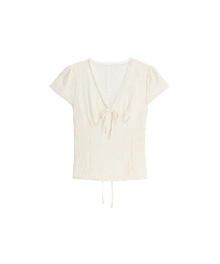 （華奢見えフィット／清楚ムード♥）レース リボン 半袖ブラウス