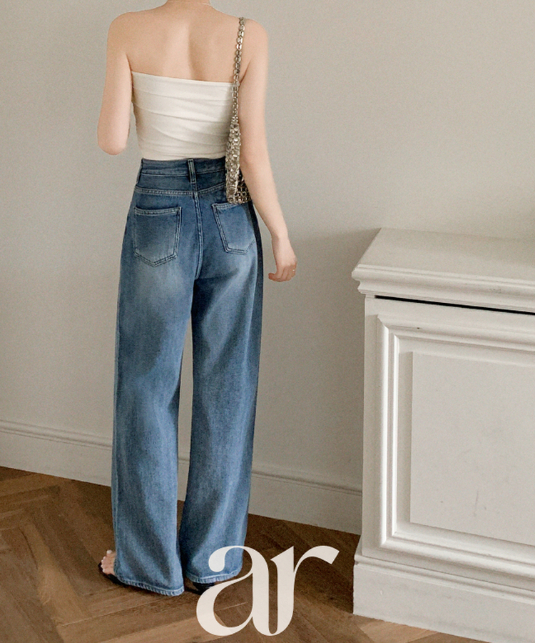 (サマーパンツ／下半身補整フィット)   ウォッシング デニム ストレート ワイドパンツ   BLUE