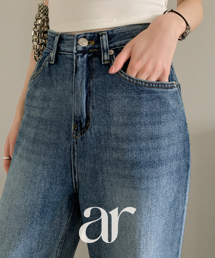 (サマーパンツ／下半身補整フィット)   ウォッシング デニム ストレート ワイドパンツ   BLUE