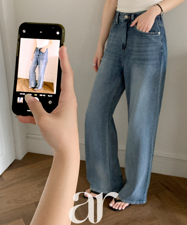 (サマーパンツ／下半身補整フィット)   ウォッシング デニム ストレート ワイドパンツ   BLUE