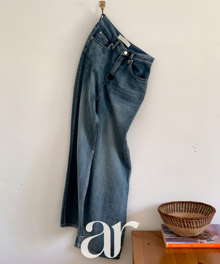 (サマーパンツ／下半身補整フィット)   ウォッシング デニム ストレート ワイドパンツ