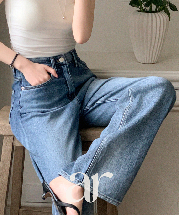 (サマーパンツ／下半身補整フィット)   ウォッシング デニム ストレート ワイドパンツ   BLUE