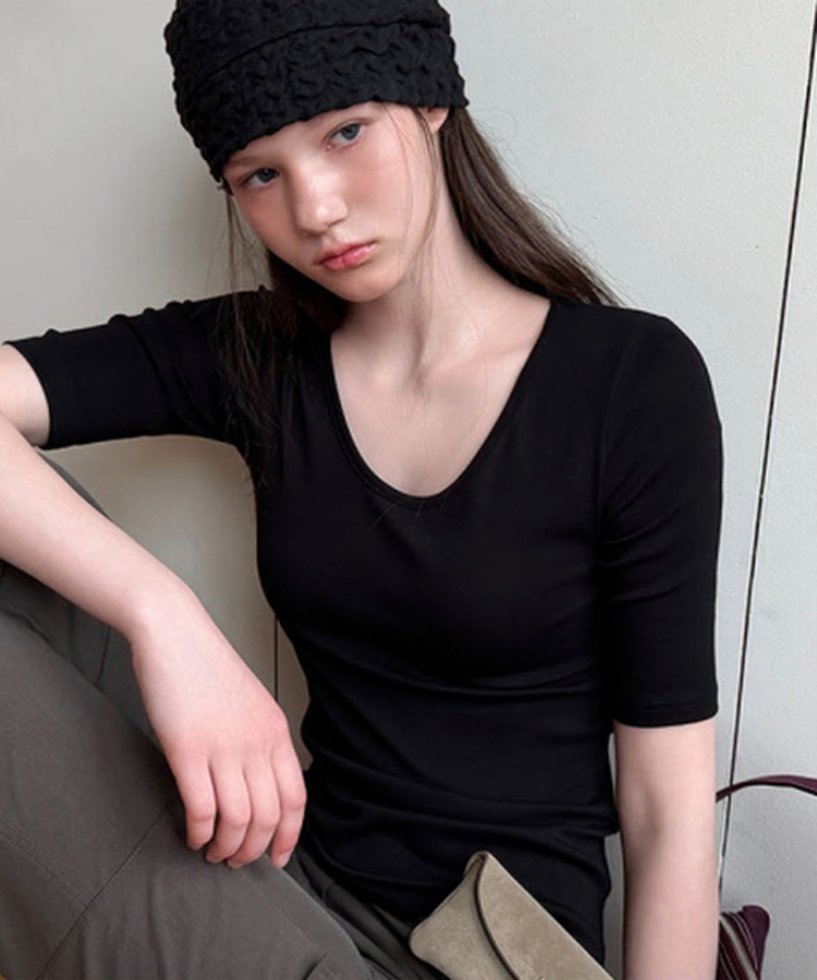 ラウンド5分袖Tシャツ(5color) BLACK