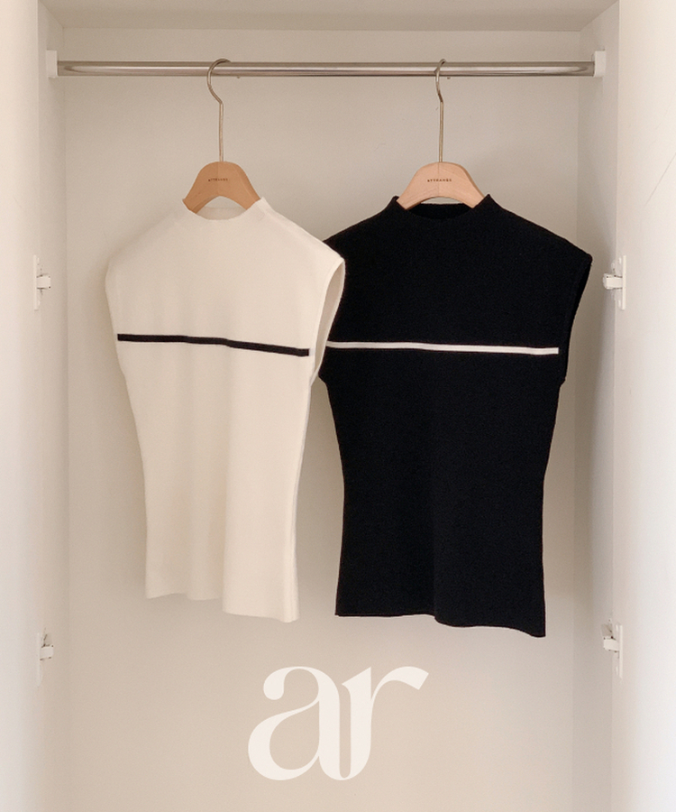 (スリムライン／洗練フェミニンルック)   ハーフハイネック 配色 キャップスリーブ ニット