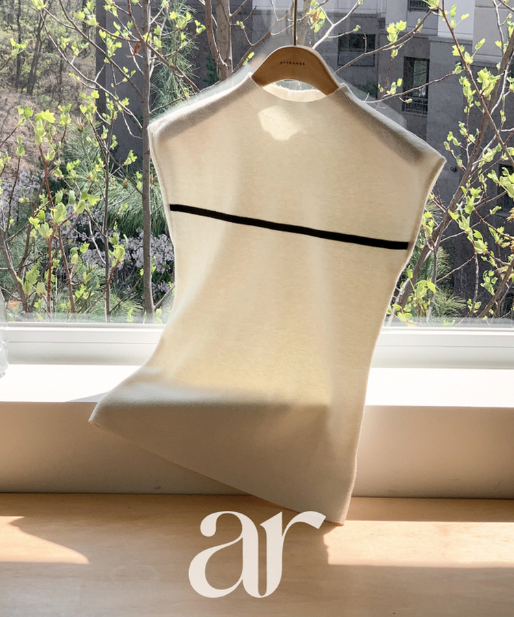 (スリムライン／洗練フェミニンルック)   ハーフハイネック 配色 キャップスリーブ ニット