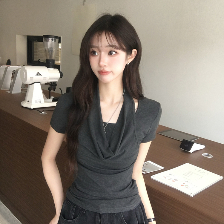 ホルターネック半袖ドレープTシャツ CHARCOAL