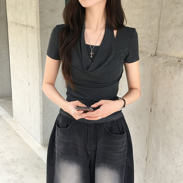 ホルターネック半袖ドレープTシャツ CHARCOAL