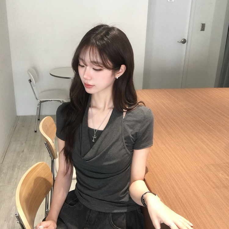 ホルターネック半袖ドレープTシャツ CHARCOAL