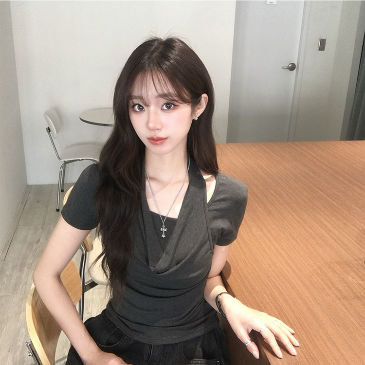 ホルターネック半袖ドレープTシャツ CHARCOAL