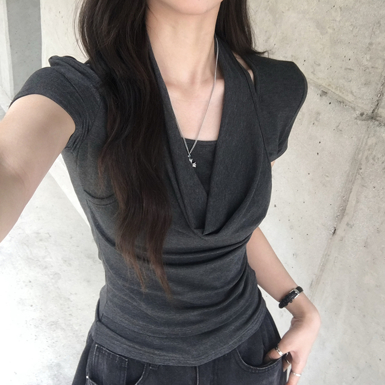 ホルターネック半袖ドレープTシャツ CHARCOAL