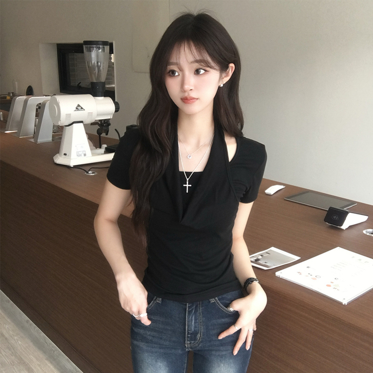 ホルターネック半袖ドレープTシャツ BLACK