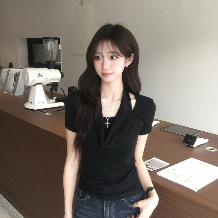 ホルターネック半袖ドレープTシャツ BLACK