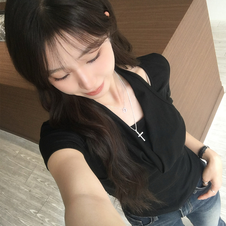 ホルターネック半袖ドレープTシャツ BLACK