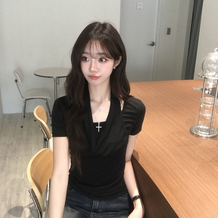 ホルターネック半袖ドレープTシャツ BLACK