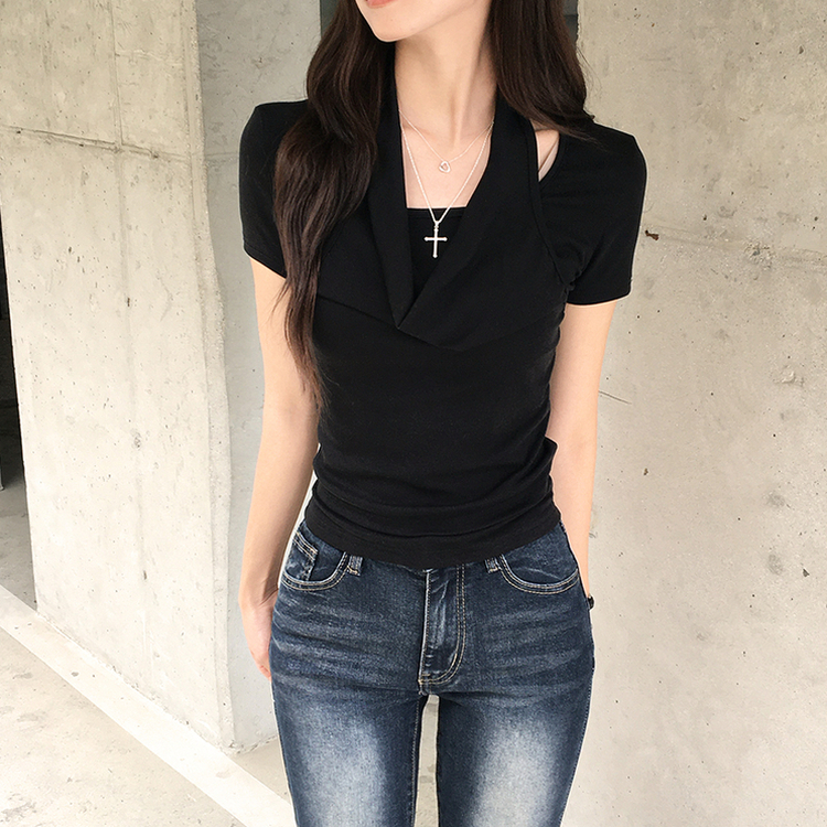 ホルターネック半袖ドレープTシャツ BLACK