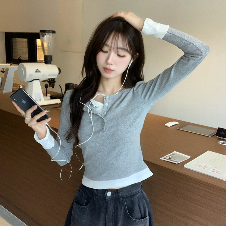 スナップボタンレイヤード長袖Tシャツ GREY