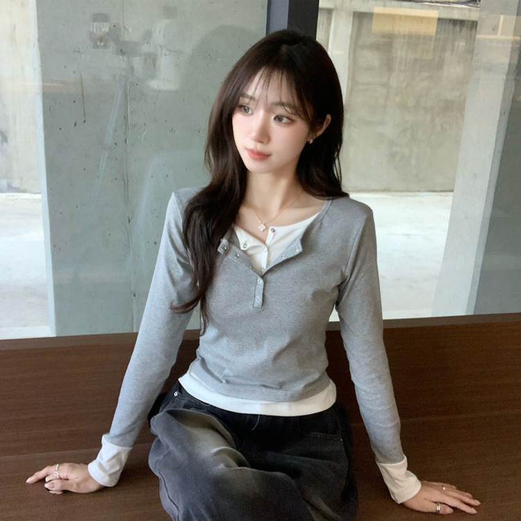 スナップボタンレイヤード長袖Tシャツ GREY