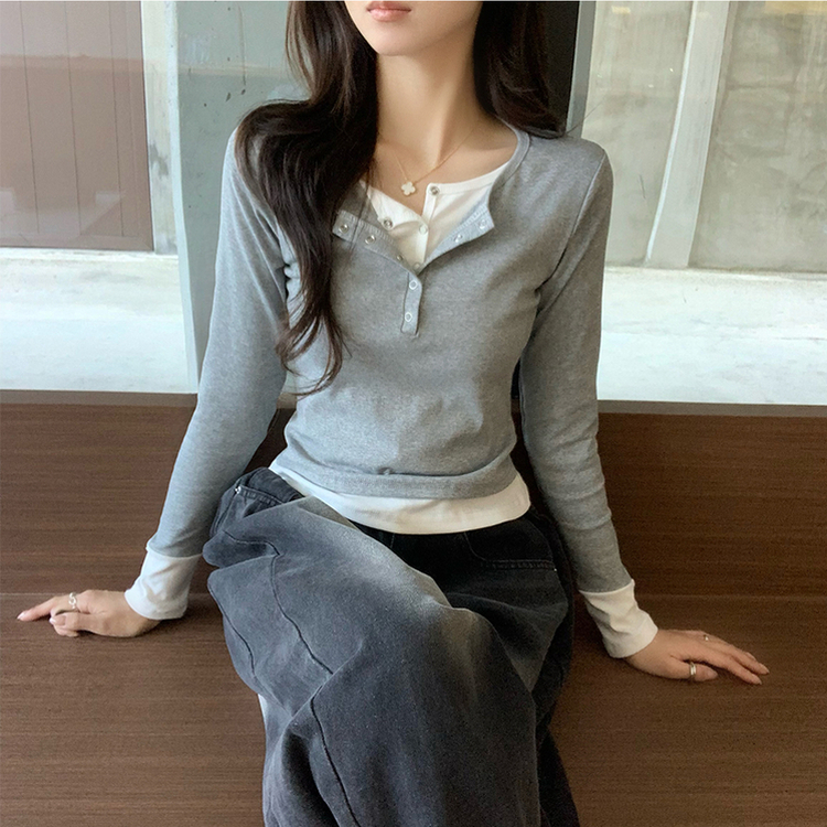 スナップボタンレイヤード長袖Tシャツ GREY